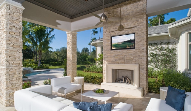 Outdoor Fireplace Stacked Stone With Integrated Tv Mantel Patio Design