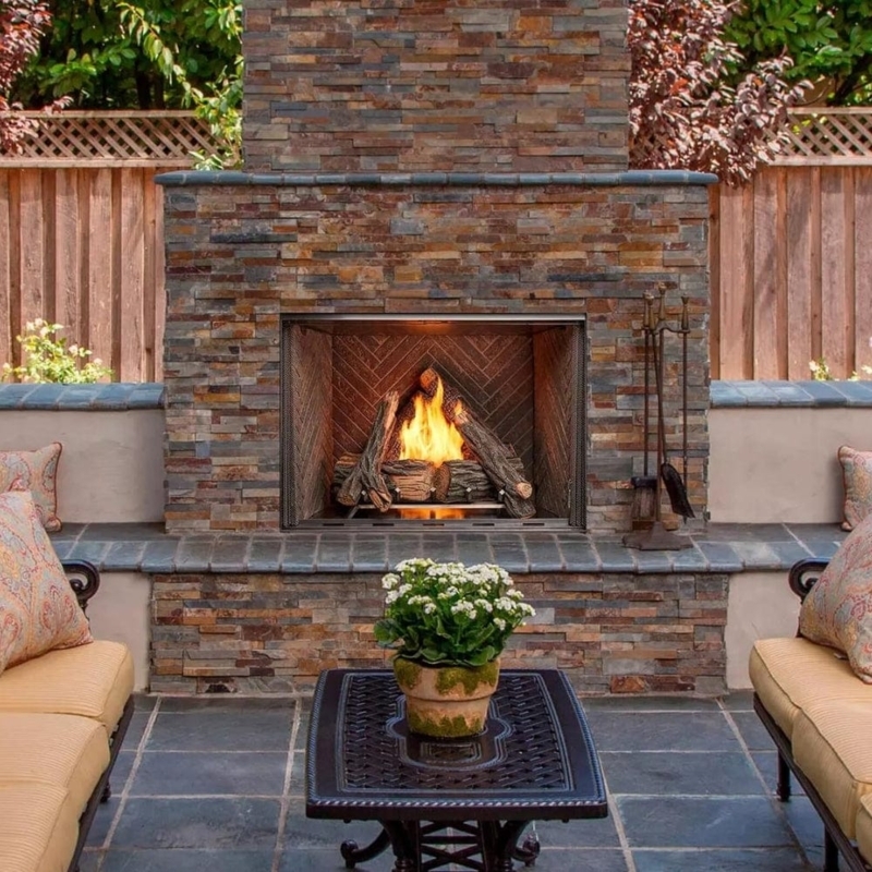 Outdoor Fireplace Stainless Steel Frame Stacked Stone Wall Built-In