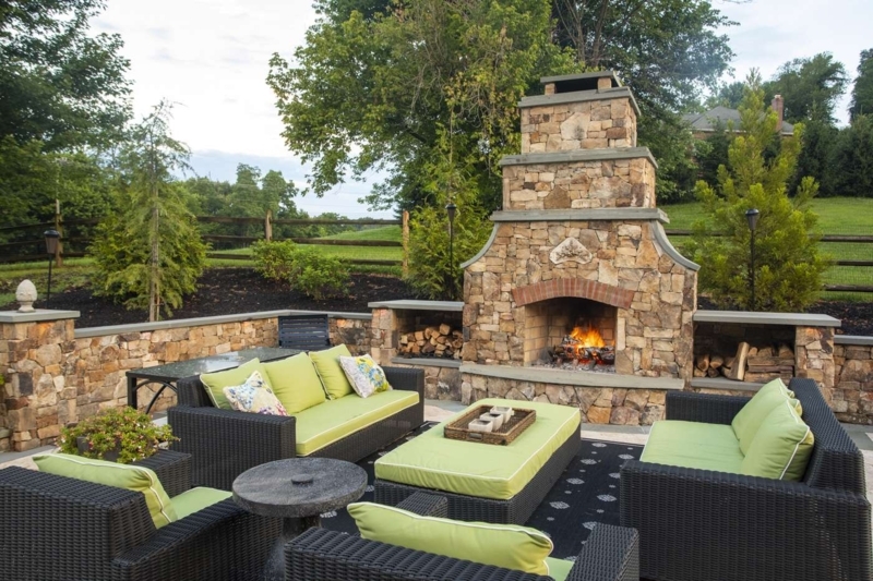 Outdoor Fireplace Stone Design Built In Curved Seating Patio Layout