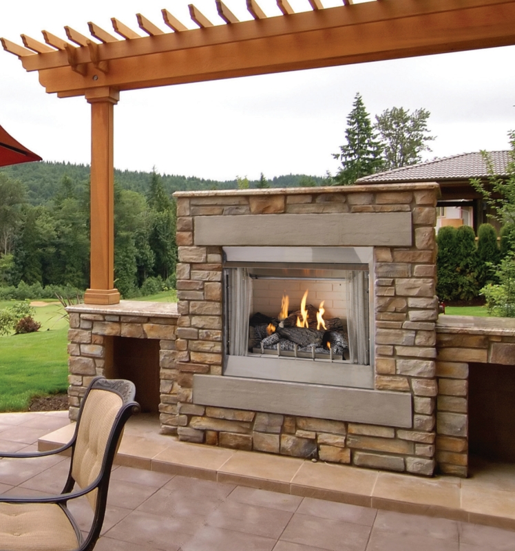 Outdoor Fireplace Stone Look Interior, Realistic Logs. Traditional Design.