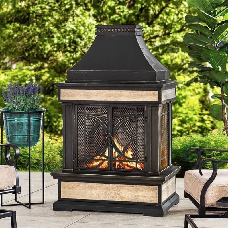 Outdoor Fireplace Stone Look Tile with Gold Accents and Chimney