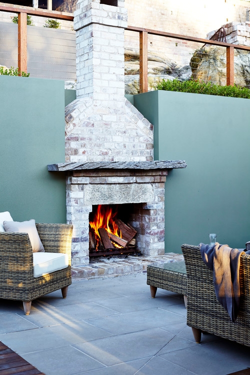 Outdoor Fireplace Stone Masonry Conversational Layout Patio Design