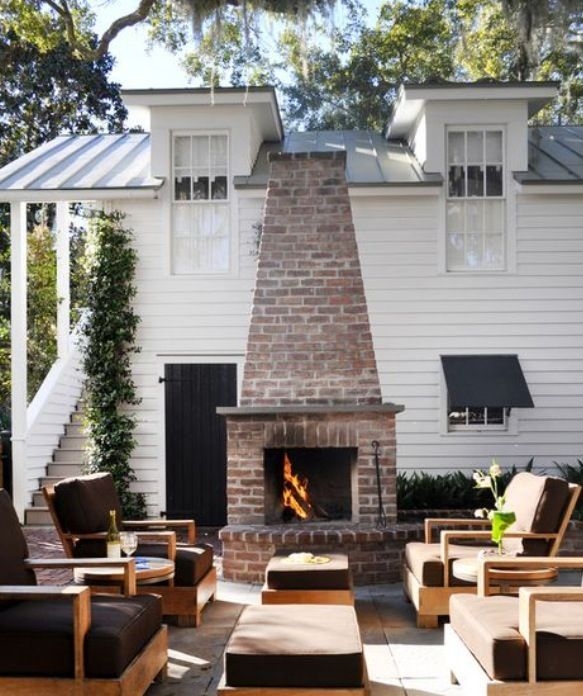 Outdoor Fireplace Stone Masonry with Log Storage, Farmhouse Patio