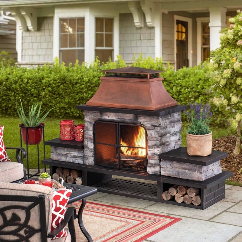 Outdoor Fireplace Stone Veneer with Integrated Log Holders