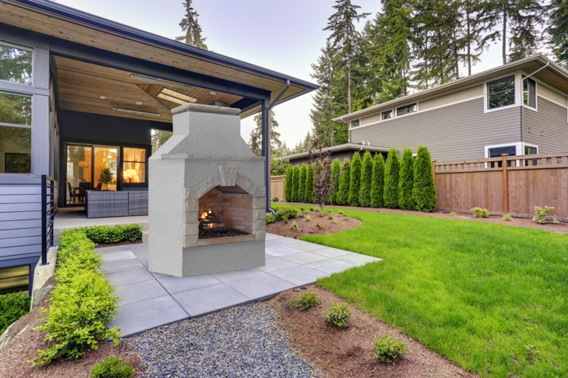 Outdoor Fireplace Stucco Finish Beige Tall Silhouette Mediterranean