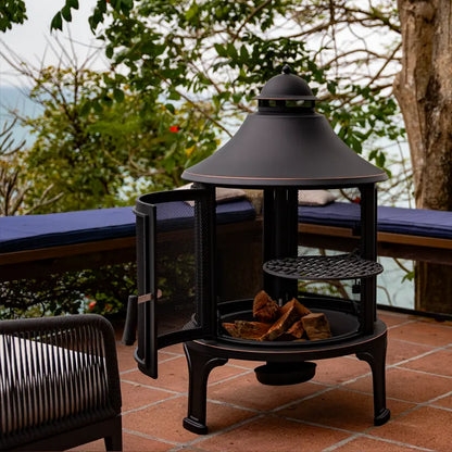 Outdoor Fireplace Swing Out Grill Elevated Black Metal Modern