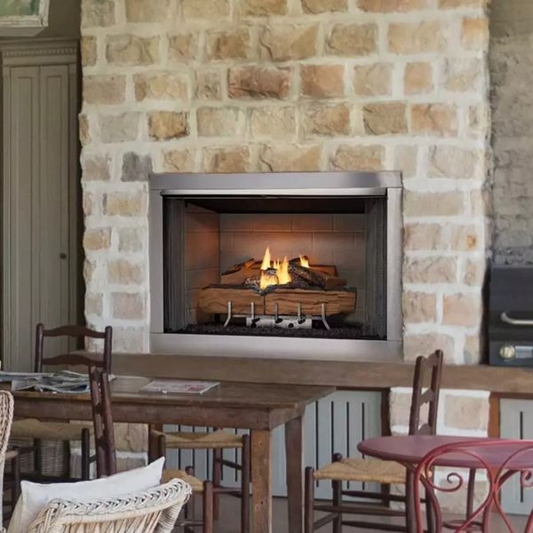 Outdoor Fireplace: Symmetrical Patio Lounge Layout with Gas Logs