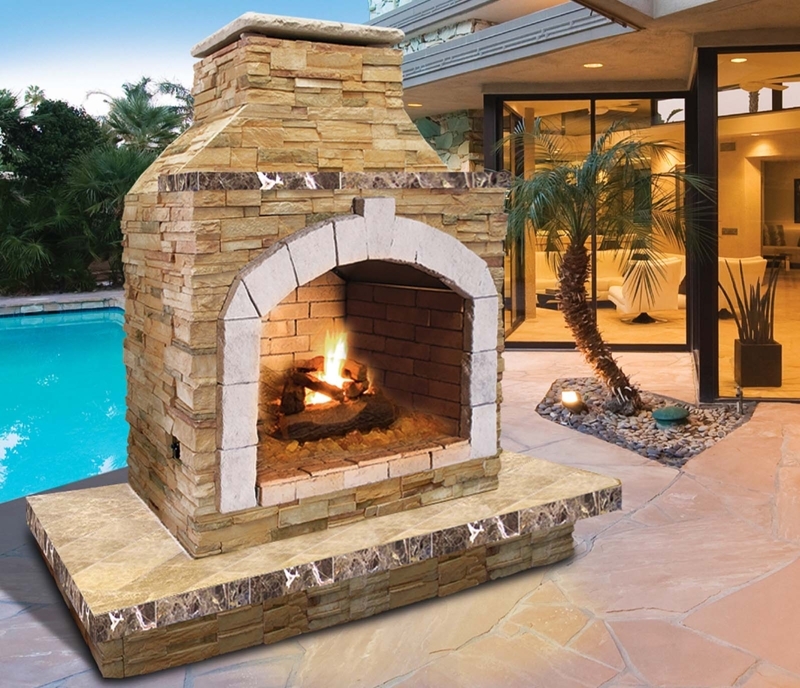 Outdoor Fireplace Tall Chimney Integrated Hearth Traditional Backyard