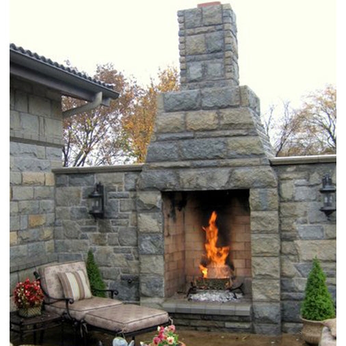 Outdoor Fireplace Textured Tan Masonry with Stepped Mantel Design