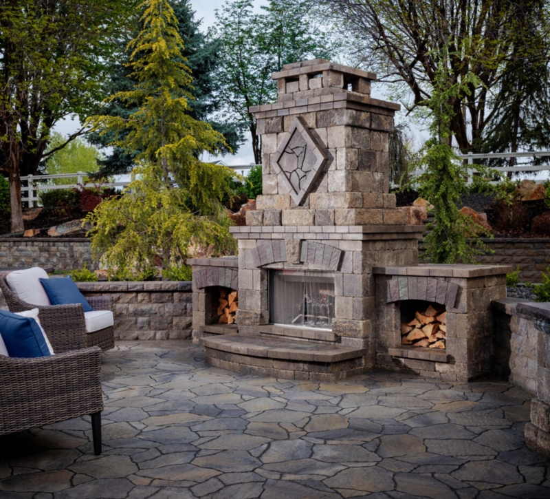 Outdoor Fireplace: Tiered Chimney Styling on Flagstone Paver Patio