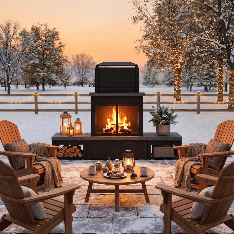 Outdoor Fireplace Tiered Log Storage Integrated Chimney, Modern Patio Heating