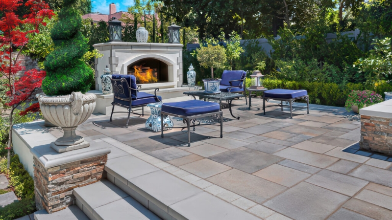 Outdoor Fireplace Tiered Silhouette Charcoal Trim Modular Stone