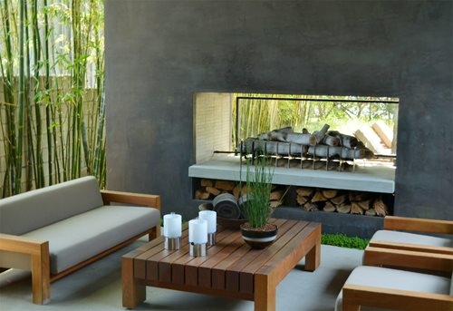 Outdoor Fireplace Tiered Silhouette Concrete Zen-Inspired Patio Design