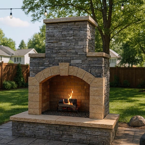 Outdoor Fireplace Two-Tier Mantle Rustic Stone Veneer & Tile