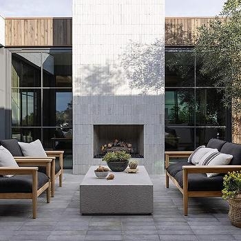 Outdoor Fireplace Vertical Stacked Stone Floor To Ceiling Rustic