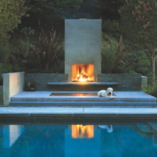 Outdoor Fireplace White Stucco Grand Chimney Poolside Lounge Layout