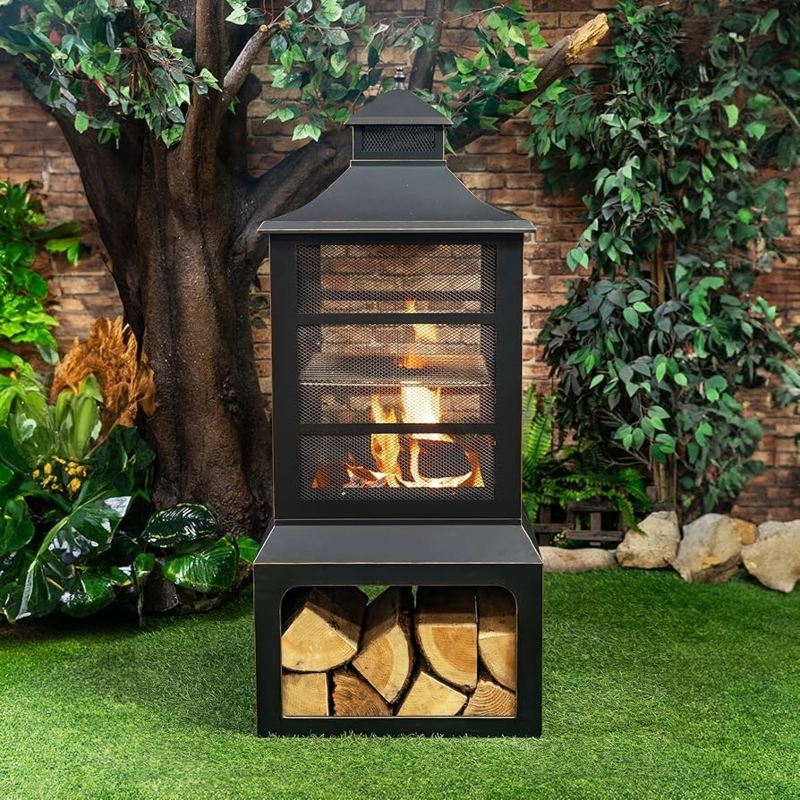 Outdoor Fireplace with Cooking Grill and Log Storage Base