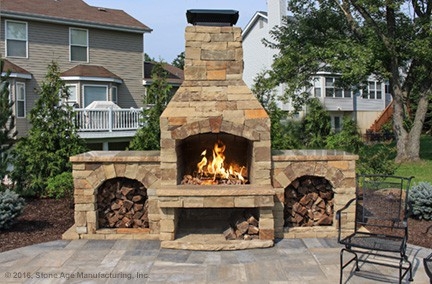 Outdoor Fireplace with Integrated Pizza Oven, Rustic Masonry Kit.
