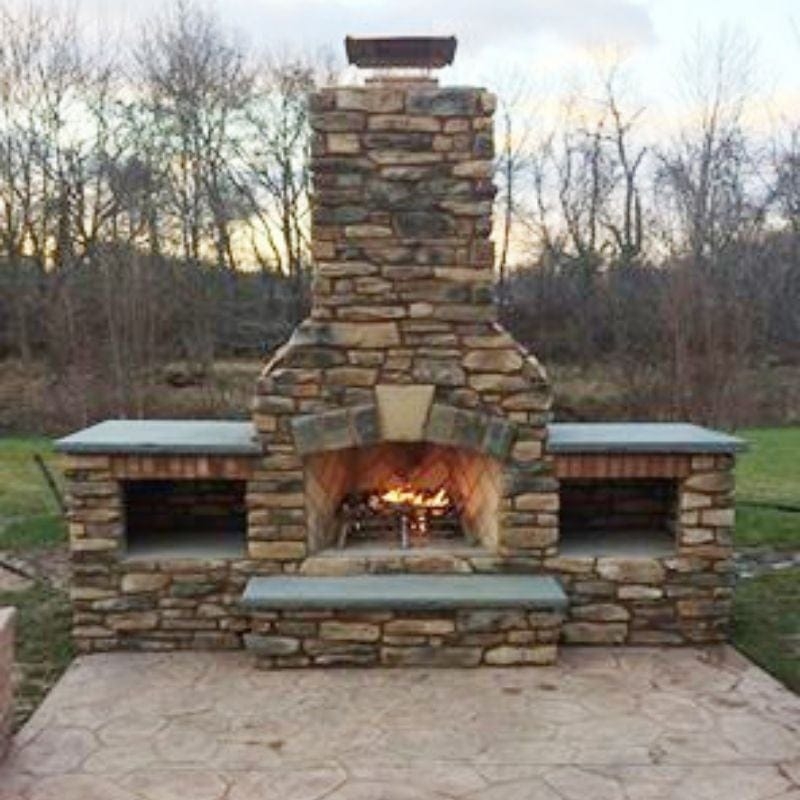 Outdoor Fireplace with Integrated Wood Storage and Herringbone Firebox