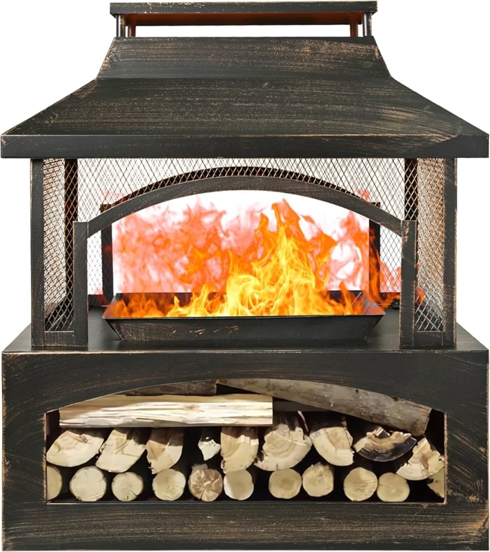 Outdoor Fireplace with Mesh Doors & Wood Storage, Industrial Style