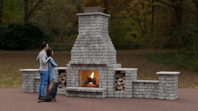 Outdoor Fireplace with Side Benches and Tapered Chimney