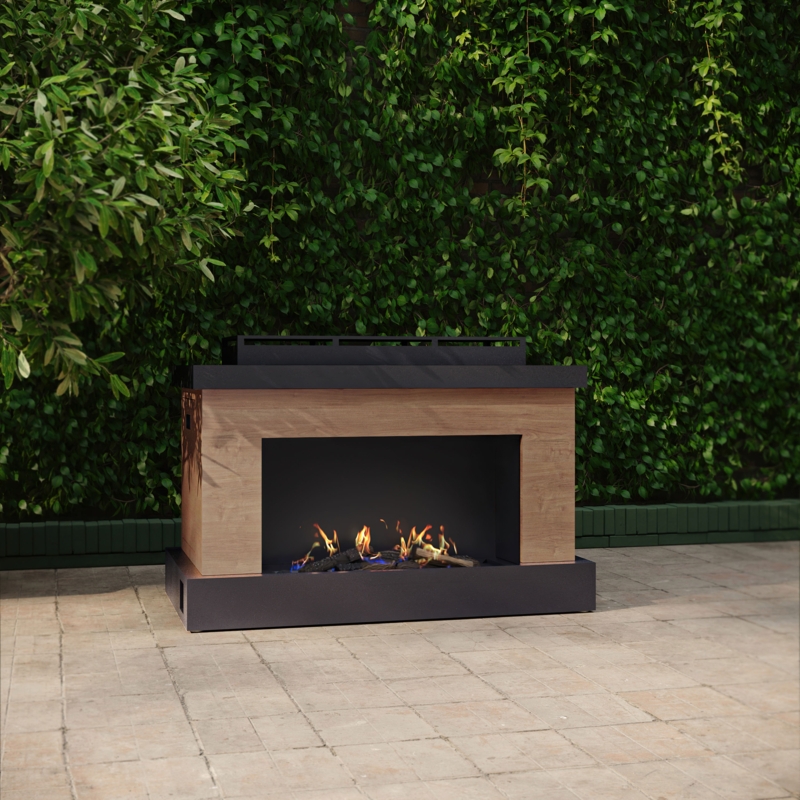 Outdoor Fireplace Wood Look Steel Glass Wind Guard Modern Farmhouse