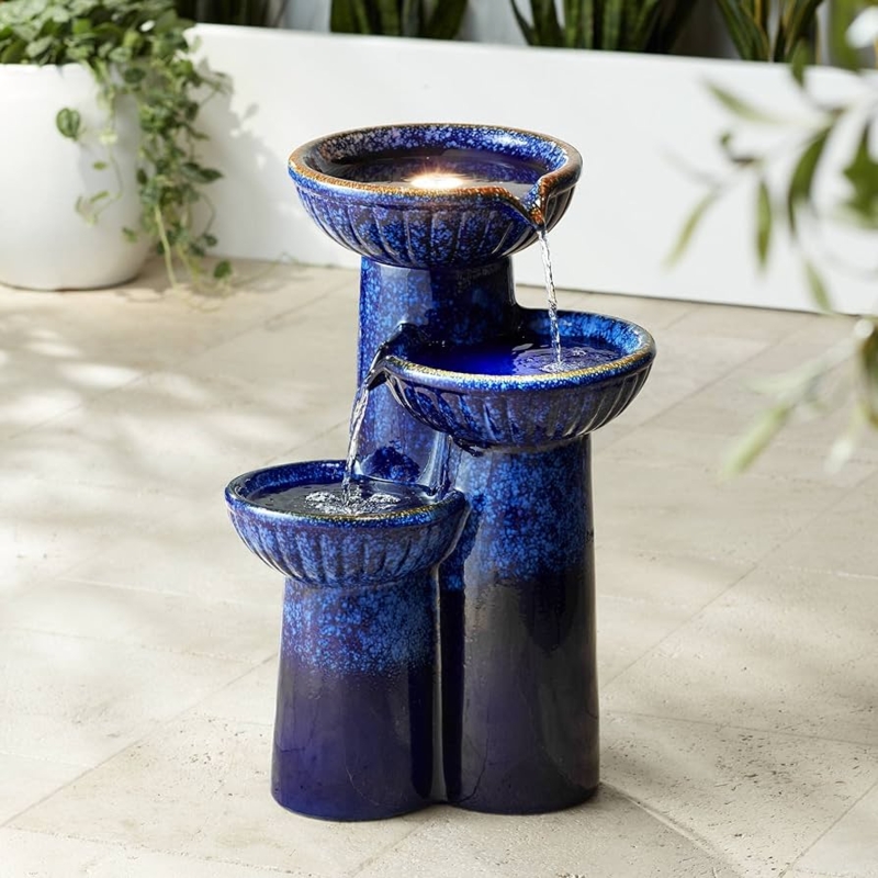 Outdoor Fountain Cobalt Blue Glaze Tiered Design with LED Lighting