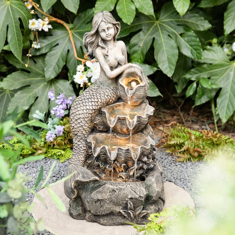 Outdoor Fountain Tiered Stone Look Fairy Sculpture Enchanted Decor