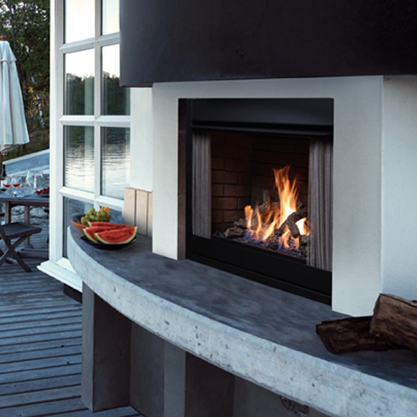 Outdoor Gas Fireplace Built-In Satin Black with Stone Surround