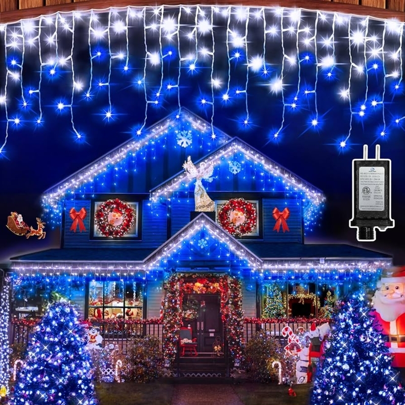 Outdoor Icicle Light Display Blue White Hanging String Lights