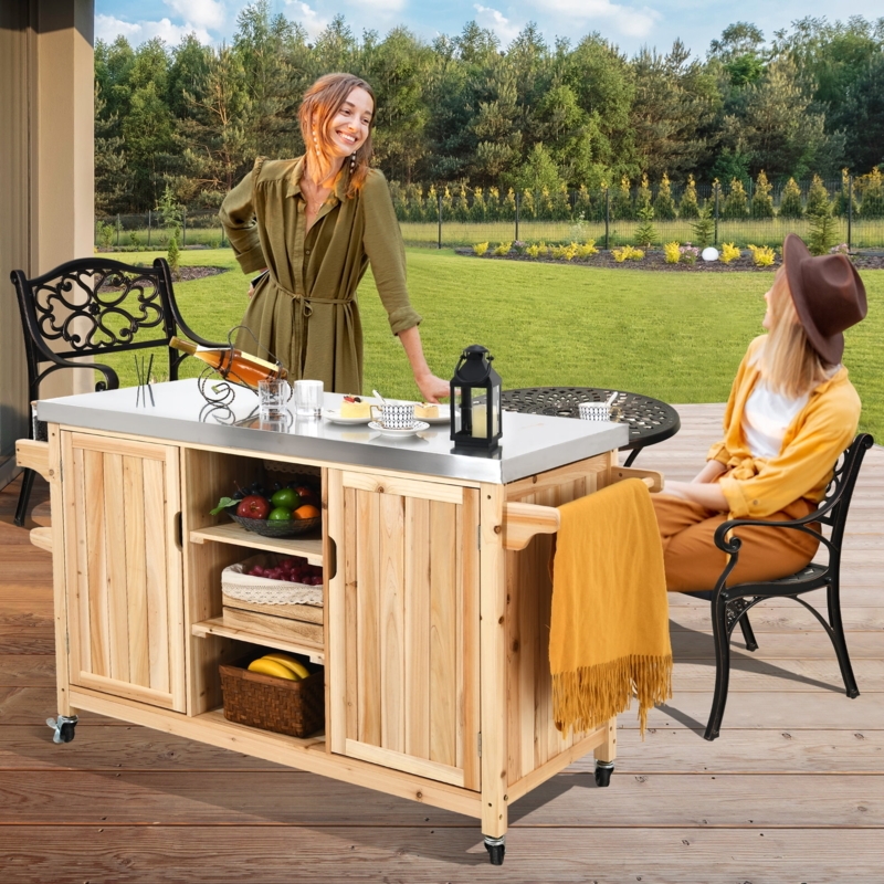 Outdoor Kitchen Island with Stainless Steel Top, Mobile Casters.