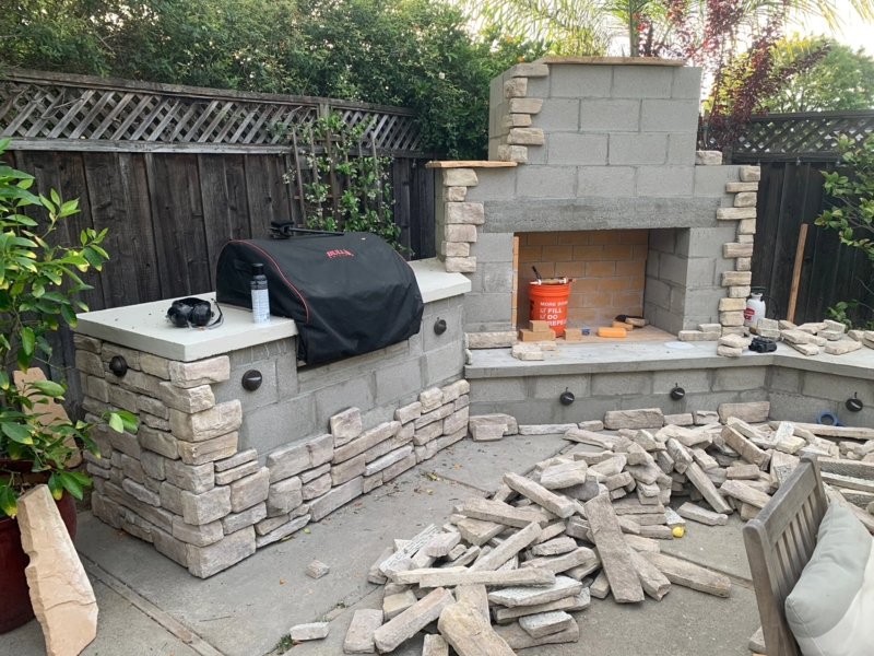 Outdoor Living Room Stacked Stone Fireplace Contemporary Rustic Vaulted