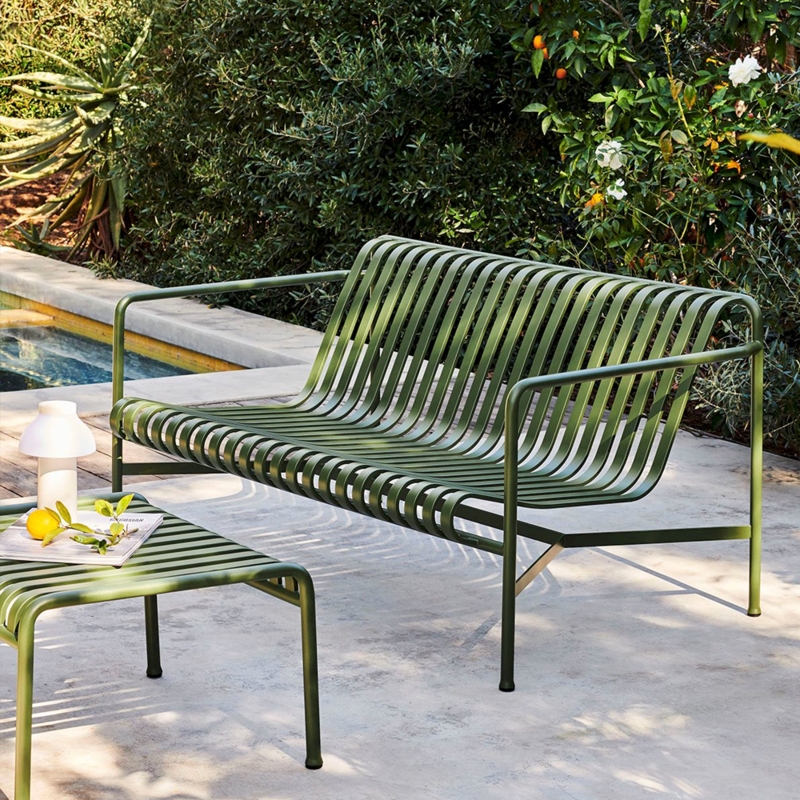 Outdoor Lounge Chair Low Profile Silhouette Upholstery Slatted Back Wood