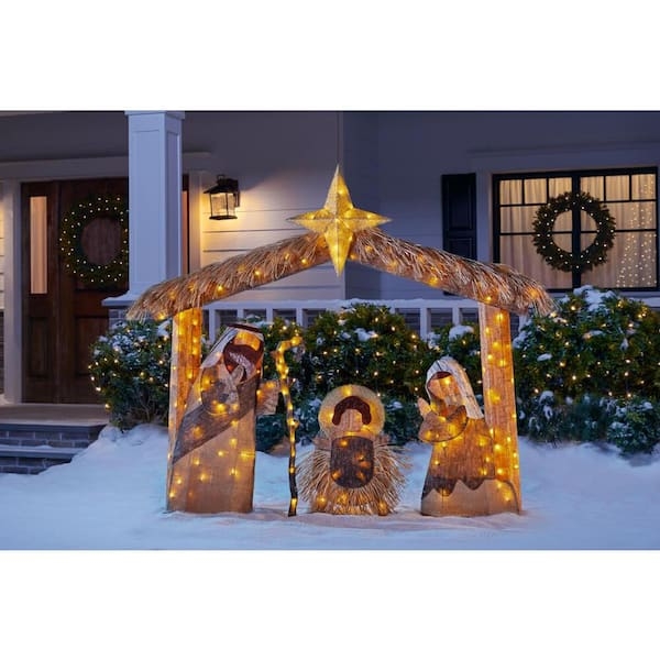 Outdoor Nativity Set Shimmering Metallic Mesh LED Holy Family Lawn Set