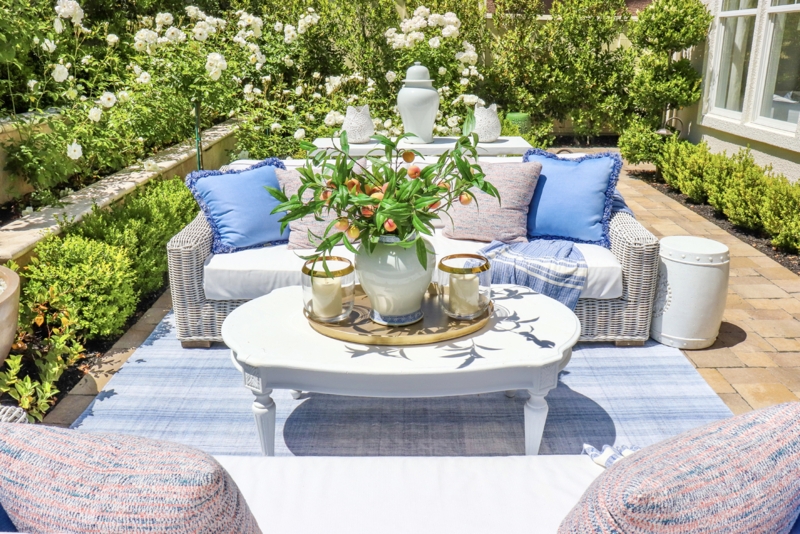 Outdoor Patio Sectional with Louvered Pergola and Round Fire Pit
