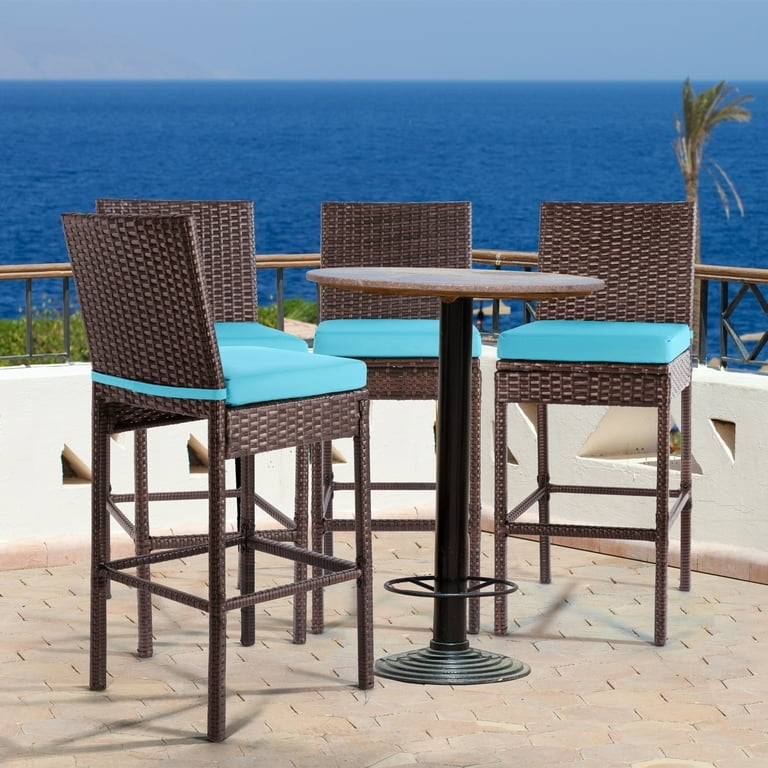 Outdoor Patio Stools & Bar Chairs Set of 4 Wicker Woven Outdoor Bar Stools Bar Height Chairs High Back with Footrest Armless Cushion Blue All