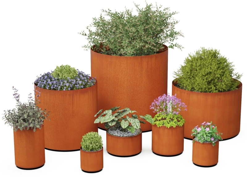 Outdoor Planter Corten Steel Oxidized Finish Cylindrical Industrial