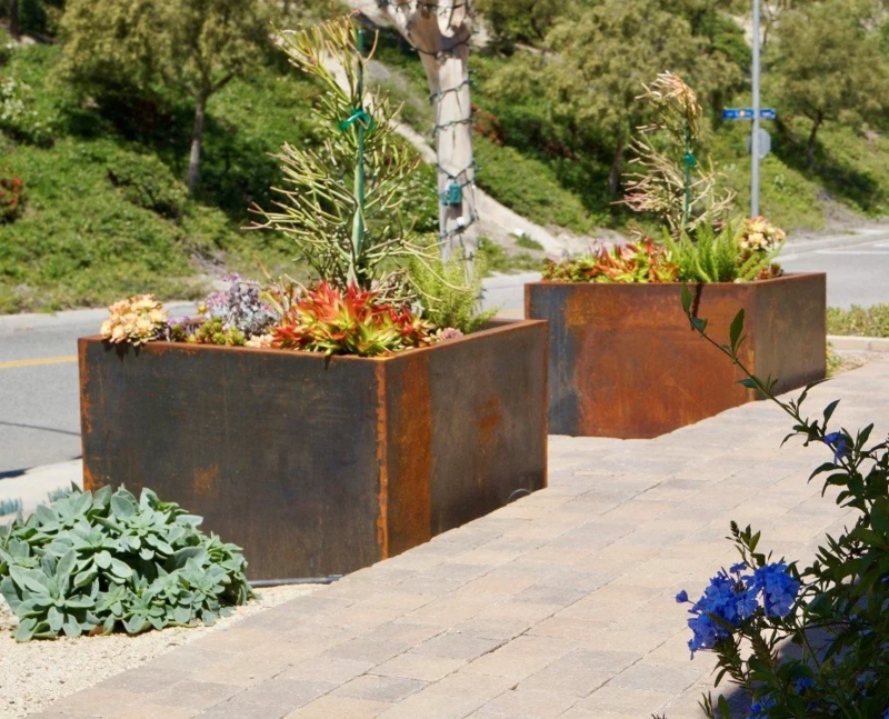 Outdoor Planter Geometric Trough Shape Heavy Oxidized Patina Rust Large Scale