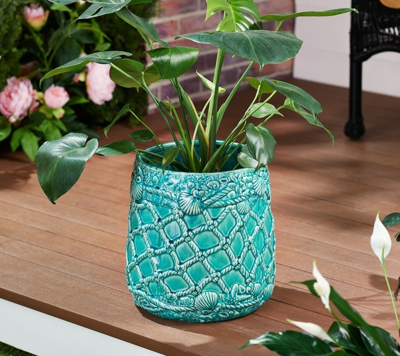Outdoor Planter Large Cylindrical Woven Texture Tan Resin