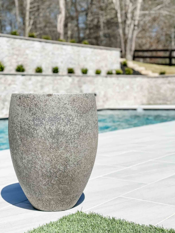 Outdoor Planter Low Profile Bowl Pitted Texture Weathered Stone Like