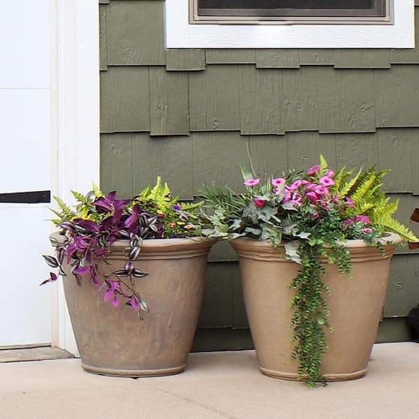 Outdoor Planter Mediterranean Urn Garden Decor Beige Ribbed Exterior