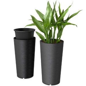 Outdoor Planter Modern Black Tall Tapered with Ribbed Surface Texture