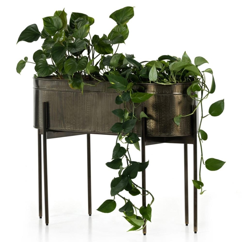 Outdoor Planter Oval Silhouette Antiqued Brass Finish Footed Stand