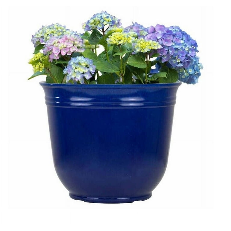 Outdoor Planter Pair, Round Tapered with Mottled Blue Finish