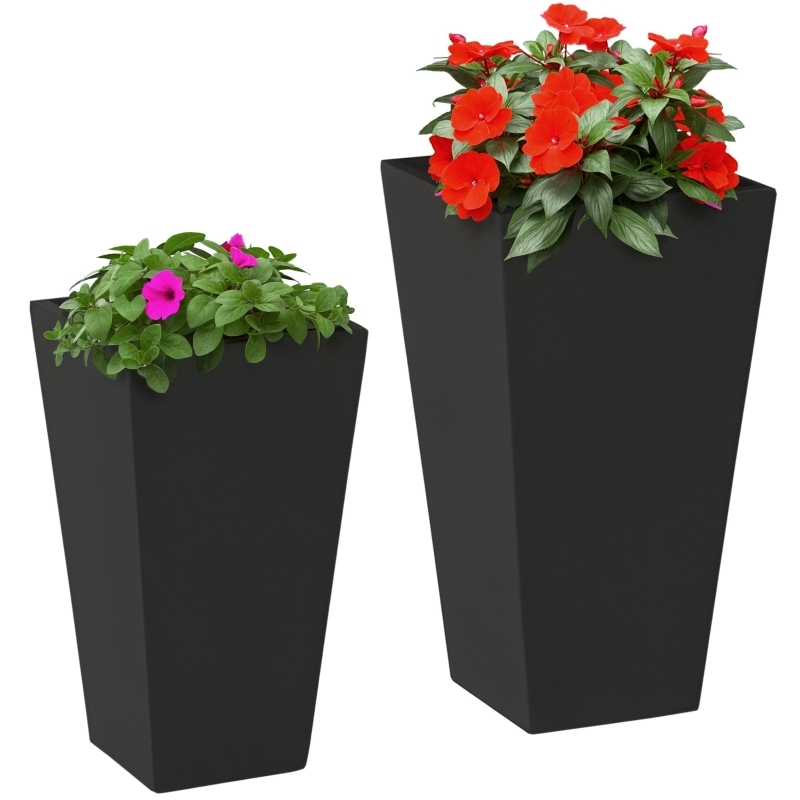 Outdoor Planter Set Charcoal Gray Horizontal Ribbing Stone Look
