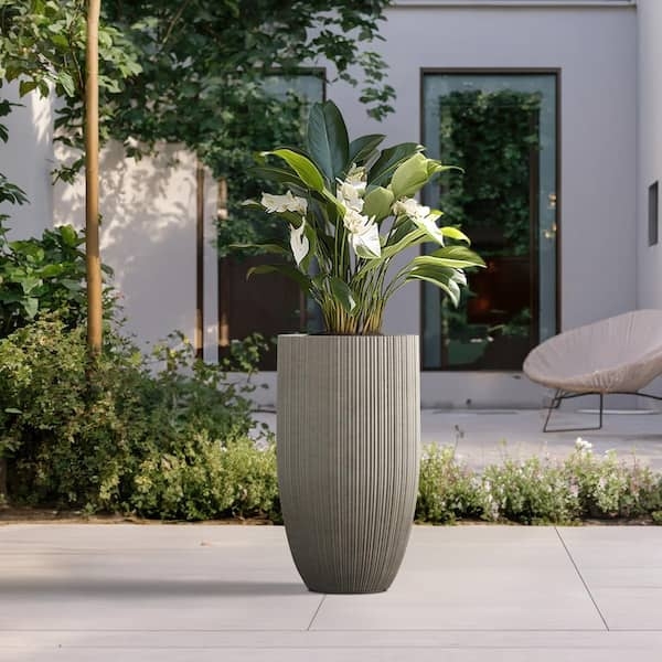 Outdoor Planter Set Tall Elongated Square Stone Like Texture Light Gray