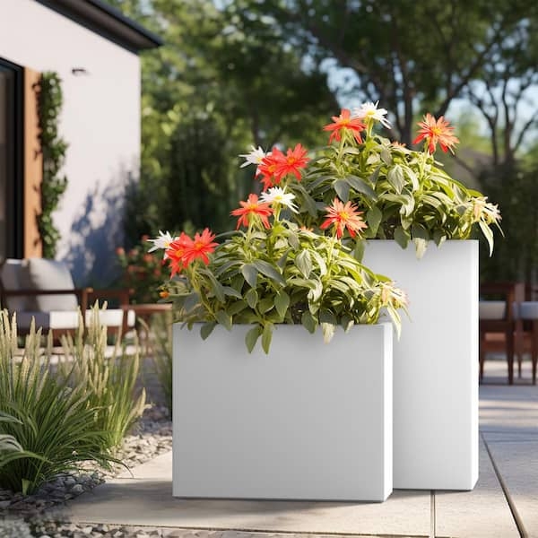 Outdoor Planter Set Tall Profile Square Silhouette Crisp White Matte