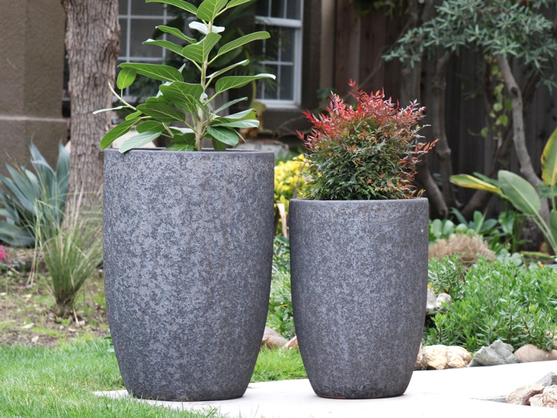 Outdoor Planter Tall Barrel Shape Silver Rock Finish Textured Stone