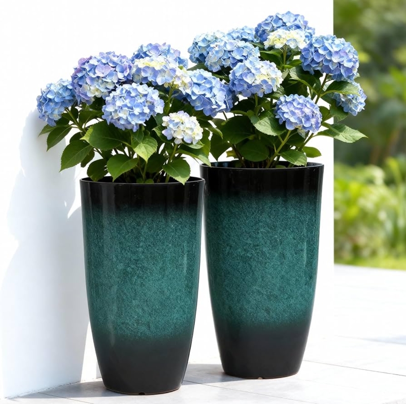 Outdoor Planter Tall Gradient Finish Pitted Texture Turquoise