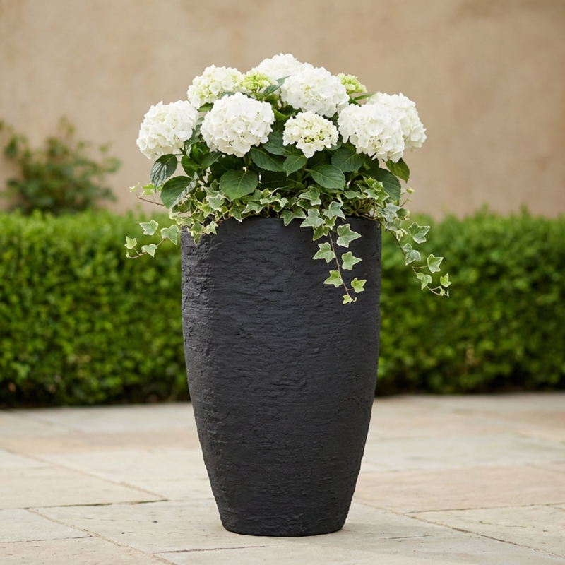 Outdoor Planter Tall Tapered Base Matte Black for Modern Deck Decor